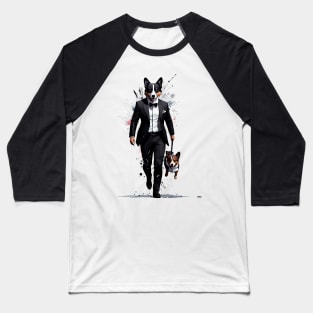 Dapper Corgi Secret Agent Carrying a Comrade in Tuxedo Baseball T-Shirt